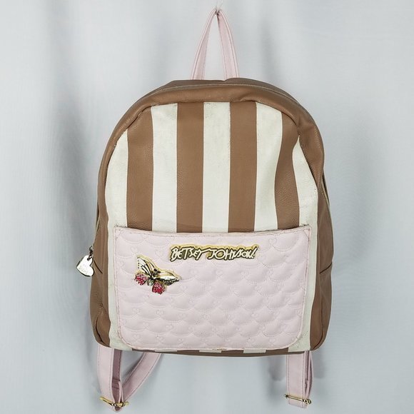 Betsey Johnson backpack‎ vegan tan/cream/pink adjustable with butterfly c…